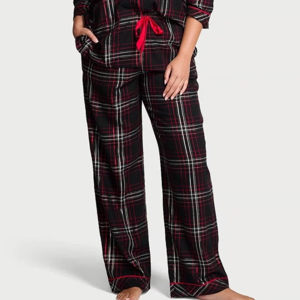 Victoria's Secret Flannel Long Pajama Set Black Red White Plaid Signature PJ S - Picture 6 of 10